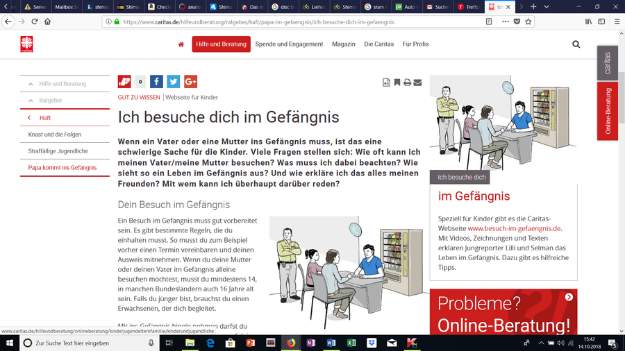 Screenshot (zur Internetseite der Caritas mit Informationen für Kinder und Jugendliche zum Besuch im Gefängnis)